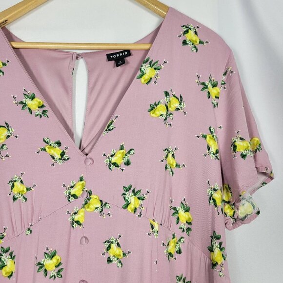 Torrid Midi Challis Dress Lavender, Lemon Pattern, Button Front Size 2x (18/20) - Picture 5 of 14